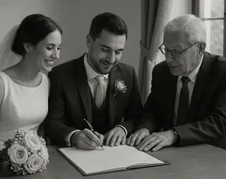Man en vrouw tekenen huwelijkscontract bij notaris