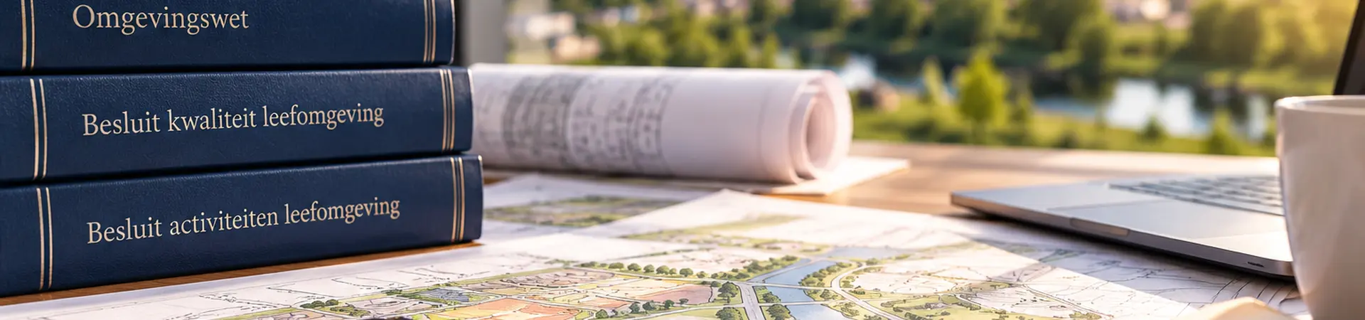 Boeken over omgevingswetgeving, bouwplannen en een pen op een bureau met uitzicht op een stadslandschap en bouwkranen.