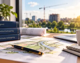 Boeken over omgevingswetgeving, bouwplannen en een pen op een bureau met uitzicht op een stadslandschap en bouwkranen.