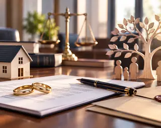 Twee trouwringen op documenten naast een pen, met een miniatuurhuis en houten figuren bij een boom in een kantooromgeving.