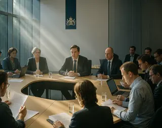 A group of people in formal attire sit around a U-shaped conference table, engaged in a meeting, with sunlight streaming through large windows.
