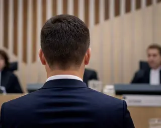 Rear view of a man in a suit facing three judges in a courtroom, with a wooden backdrop and a bench.