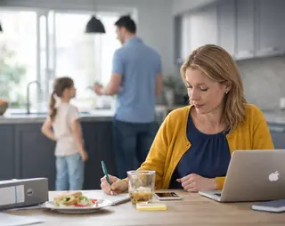 Woman working at kitchen table with a laptop and papers, while a man and child stand in the background near the kitchen counter.