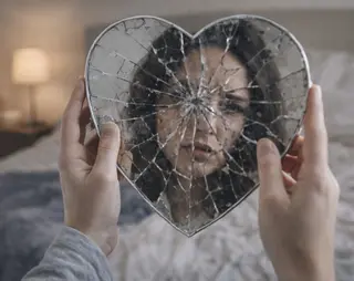 Person holding a cracked, heart-shaped mirror reflecting a woman's face, with a blurred bedroom background.