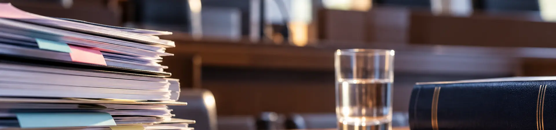 Stapel documenten en pen op een tafel in een rechtszaal, met een glas water en een groot boek op de achtergrond.