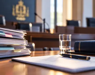 Stapel documenten en pen op een tafel in een rechtszaal, met een glas water en een groot boek op de achtergrond.