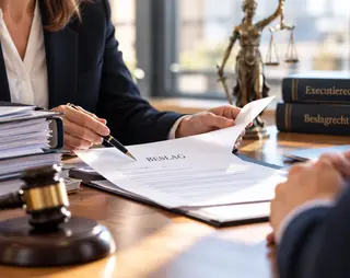 Twee personen bespreken juridische documenten op een kantoor, met een hamer en Justitia-beeldje op de achtergrond.