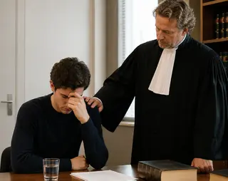 A lawyer in a black robe comforts a distressed man seated at a table with legal documents and books in an office setting.