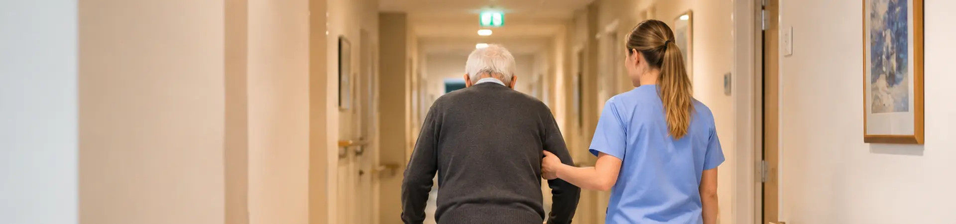 A caregiver assists an elderly man using a walker down a hospital hallway, offering support and companionship.