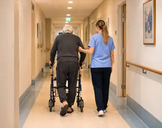 A caregiver assists an elderly man using a walker down a hospital hallway, offering support and companionship.
