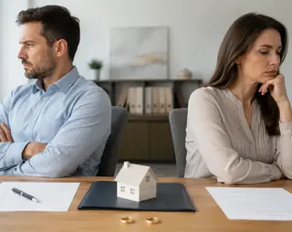 A couple sitting apart at a table with crossed arms, illustrating conflict; divorce papers, a house model, and rings are on the table.