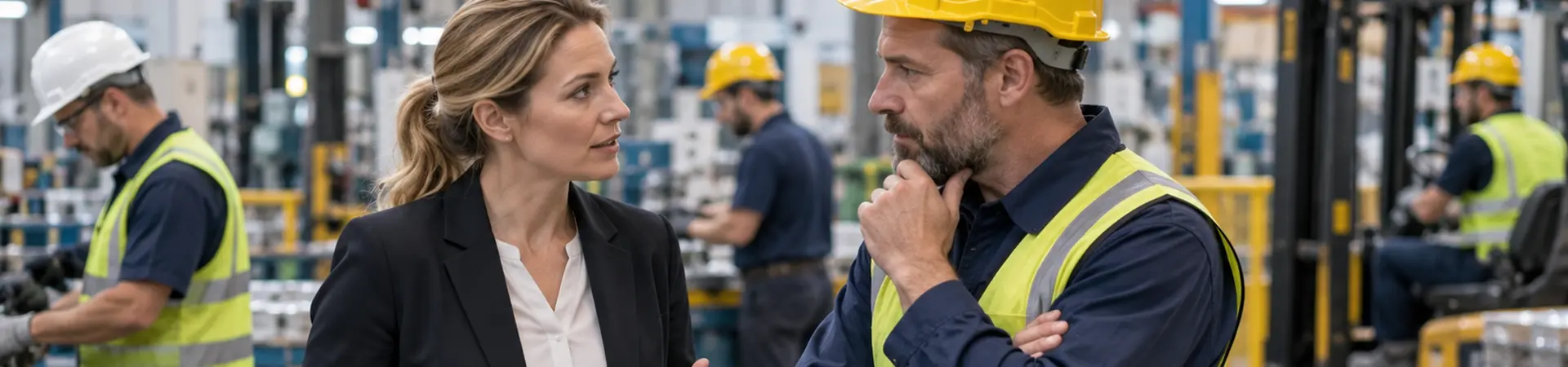 Een vrouw in een zakelijk pak praat met een man in een gevarenvest en helm in een fabriekshal, omringd door arbeiders en machines.