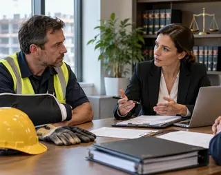 Drie mensen hebben een vergadering in een kantoor. Een man in werkkleding heeft zijn arm in een mitella. Op tafel liggen documenten en een helm.