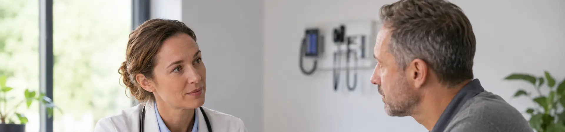 A doctor and a patient sit at a desk in a medical office, engaged in a serious conversation. Medical equipment is visible in the background.