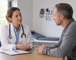 A doctor and a patient sit at a desk in a medical office, engaged in a serious conversation. Medical equipment is visible in the background.