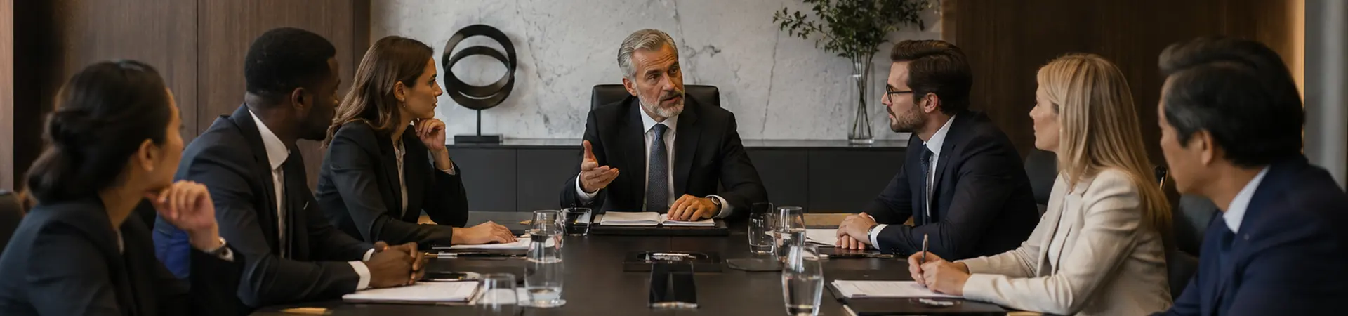 Seven professionals in business attire sit around a conference table, engaged in a meeting led by a man seated in the center.