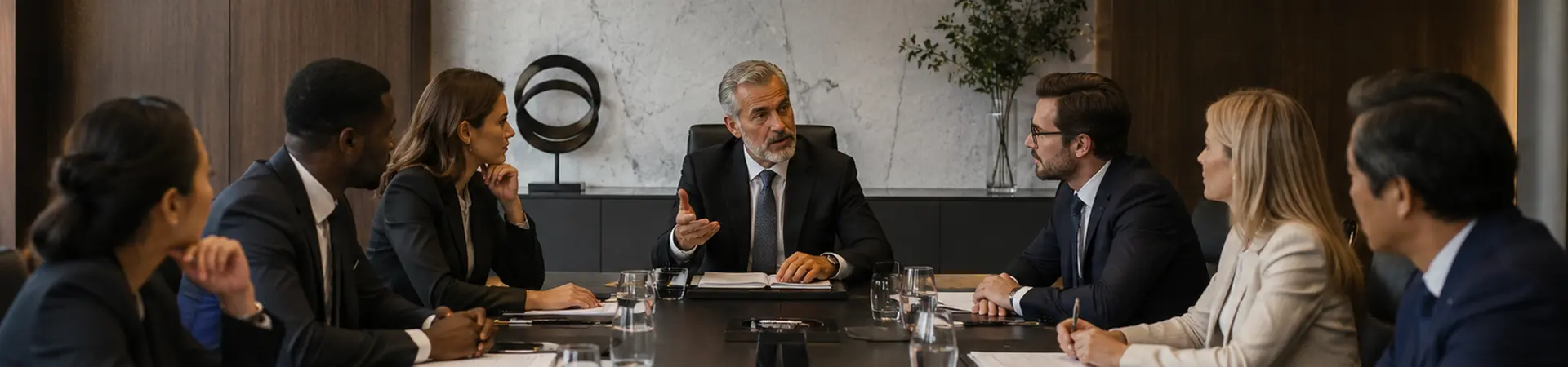 Seven professionals in business attire sit around a conference table, engaged in a meeting led by a man seated in the center.