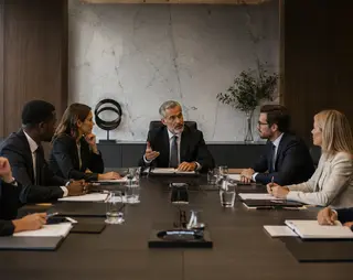 Seven professionals in business attire sit around a conference table, engaged in a meeting led by a man seated in the center.