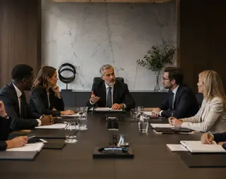 Seven professionals in business attire sit around a conference table, engaged in a meeting led by a man seated in the center.