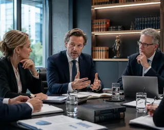 A group of professionals in a modern office having a serious discussion around a conference table with documents and a laptop.