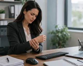 Woman in an office holding her wrist in discomfort, sitting at a desk with a laptop, keyboard, and papers.
