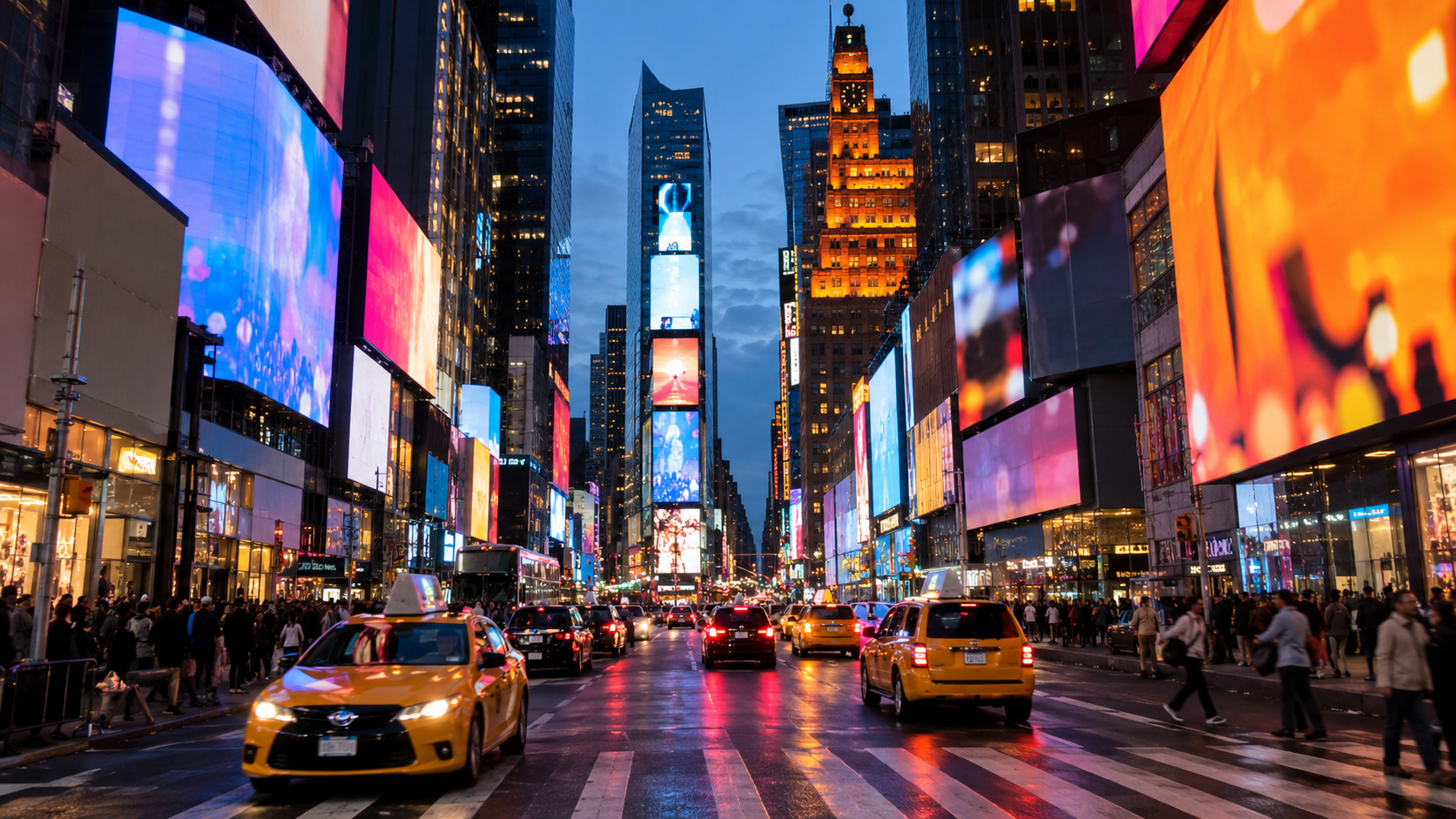 Bustling Times Square at dusk, with vibrant billboards, yellow taxis, and crowds of people crossing the street under a twilight sky.