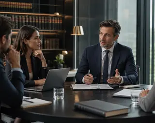 A group of four business professionals in a meeting, seated around a table with papers and laptops, in a modern office with bookshelves and large windows.
