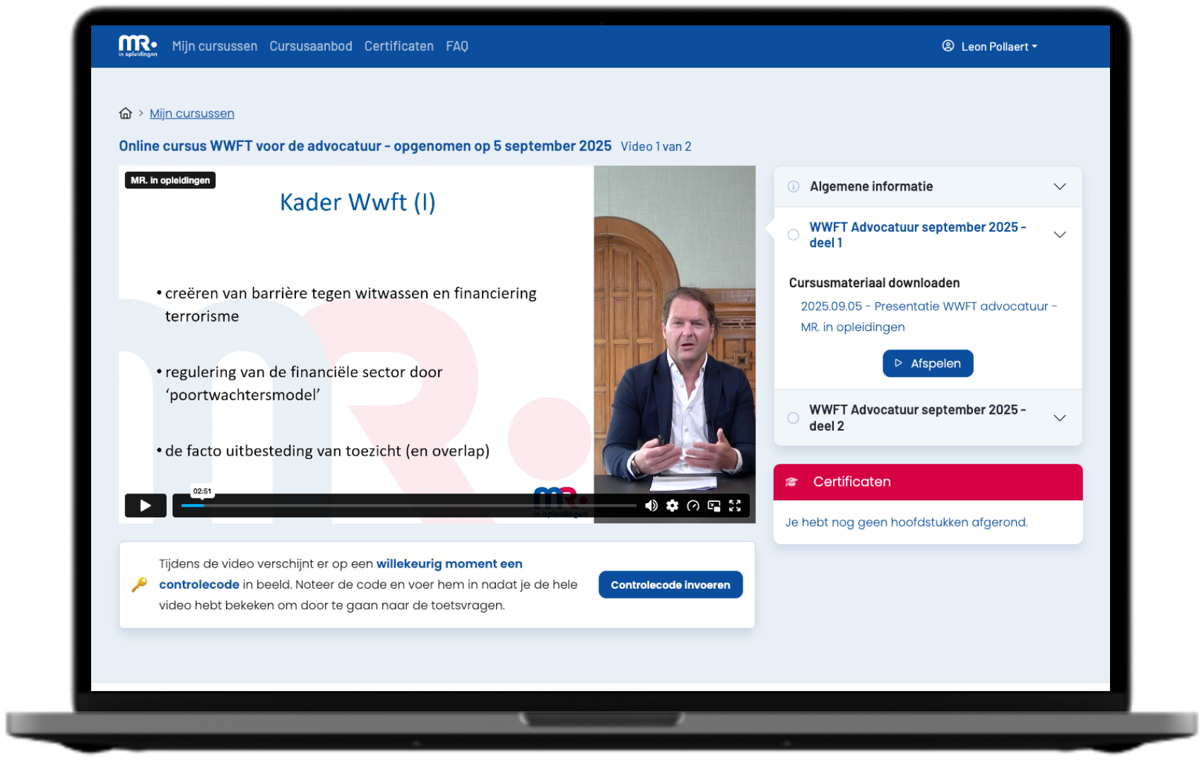 De online cursusomgeving van MR. in opleidingen op een laptop