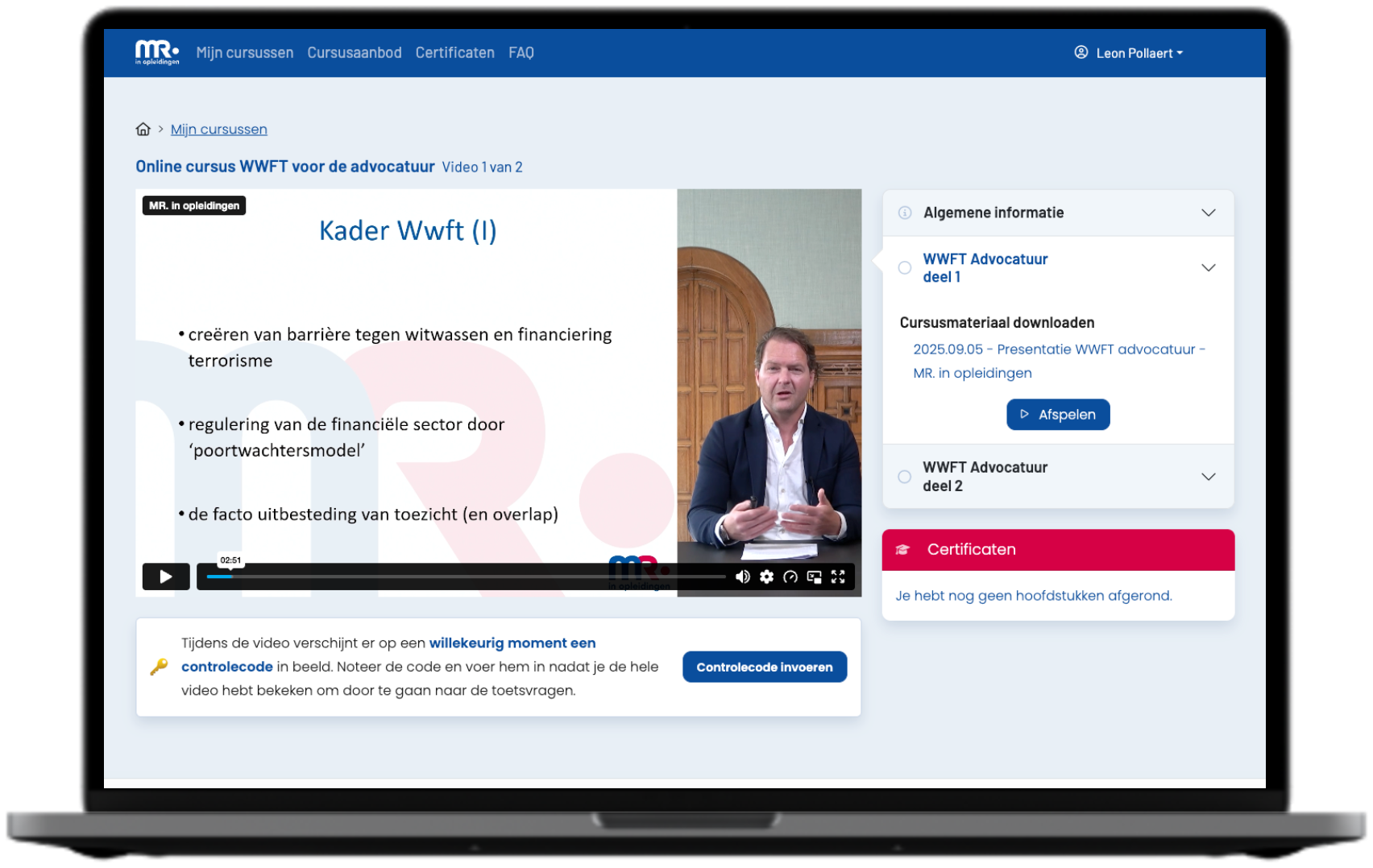 De online cursusomgeving van MR. in opleidingen op een laptop