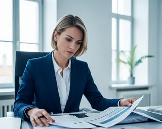 Formeel geklede vrouw die processtukken aan het analyseren is aan een bureau