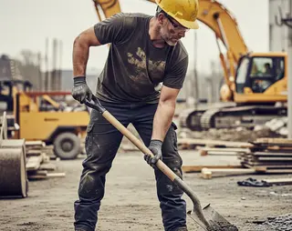 Een man met een schep die aan het werk is op een bouwplaats