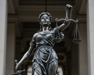 Een beeld van vrouwe justitia met een weegschaal in de ene hand en een zwaard in de andere hand