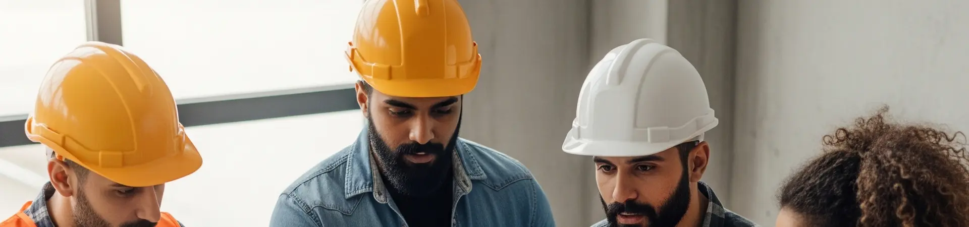 Meerdere arbeiders die aan het overleggen zijn aan de tekentafel