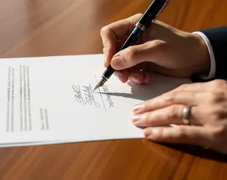Een document dat door een mannenhand word ondertekend met een vulpen
