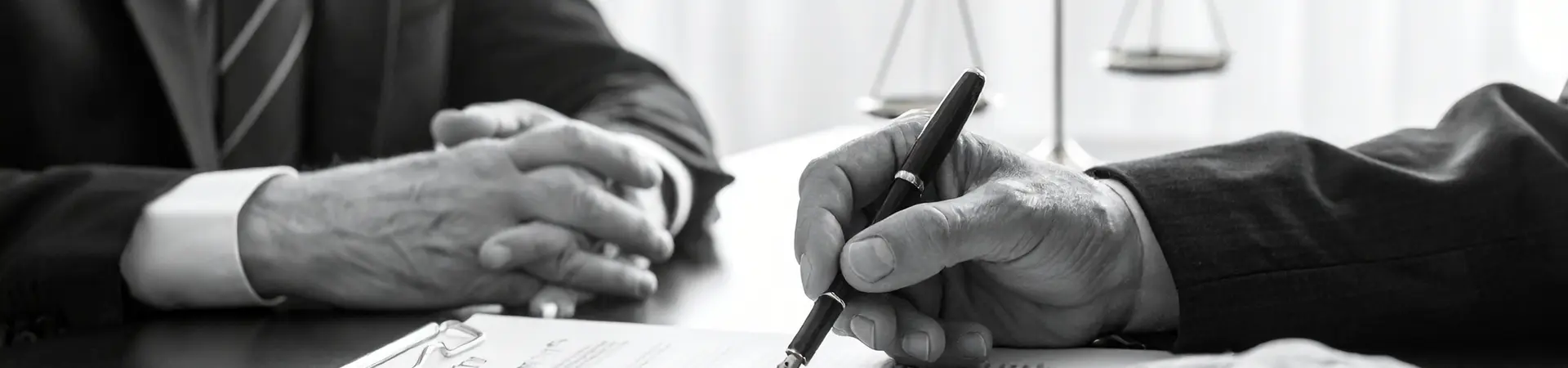 Two men in suits sit at a desk, one signing a document on a clipboard. Scales of justice are visible in the background. Black and white image.