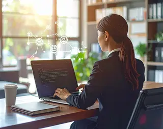 A woman in a business suit works on a laptop with digital icons floating above, in a sunlit office.