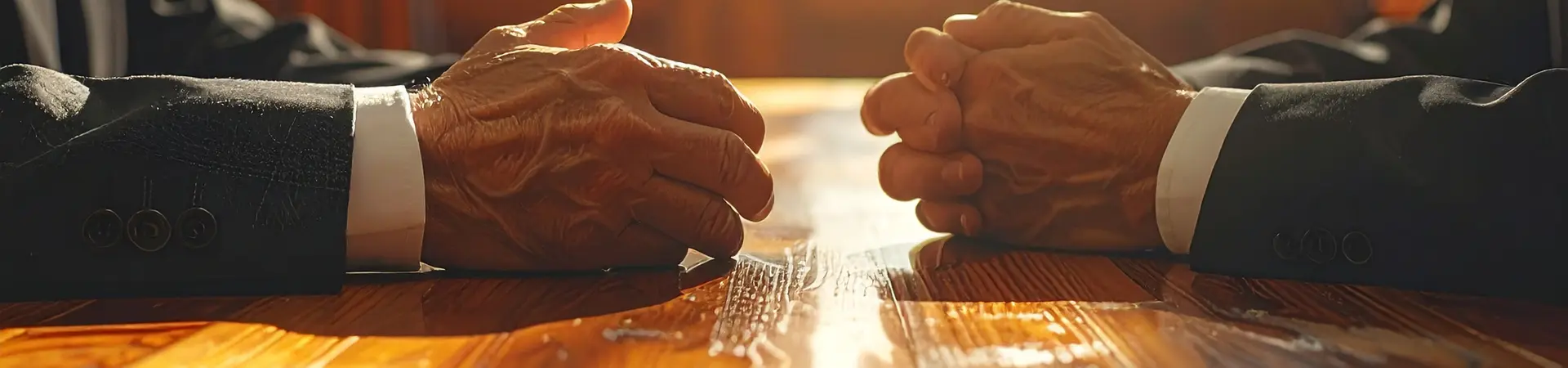 Two people in suits sit across a wooden table with clasped hands, sunlight streaming through large windows in the background.
