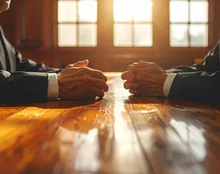 Two people in suits sit across a wooden table with clasped hands, sunlight streaming through large windows in the background.