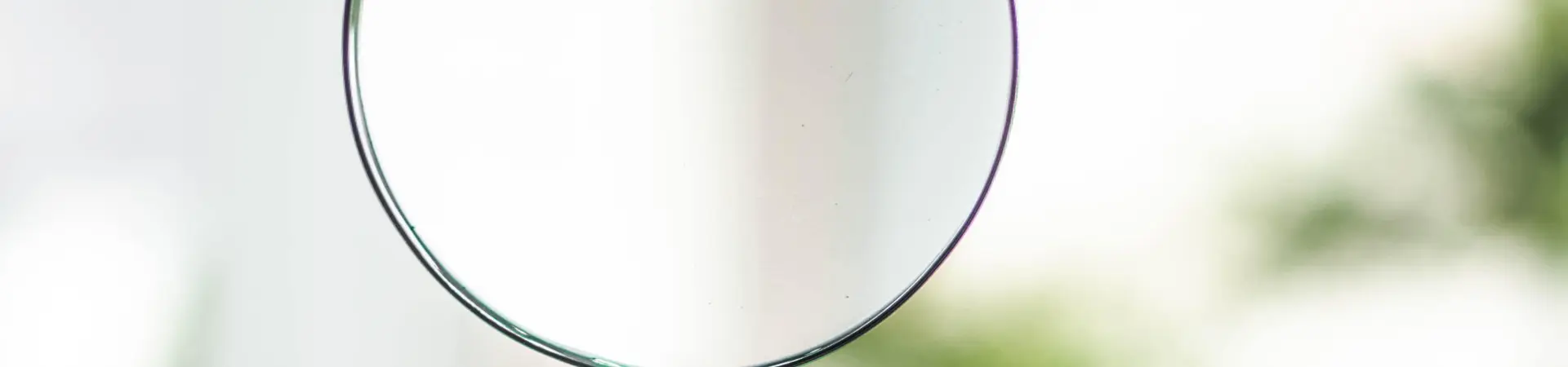 Persoon houdt een vergrootglas vast met op de achtergrond enkele planten. 