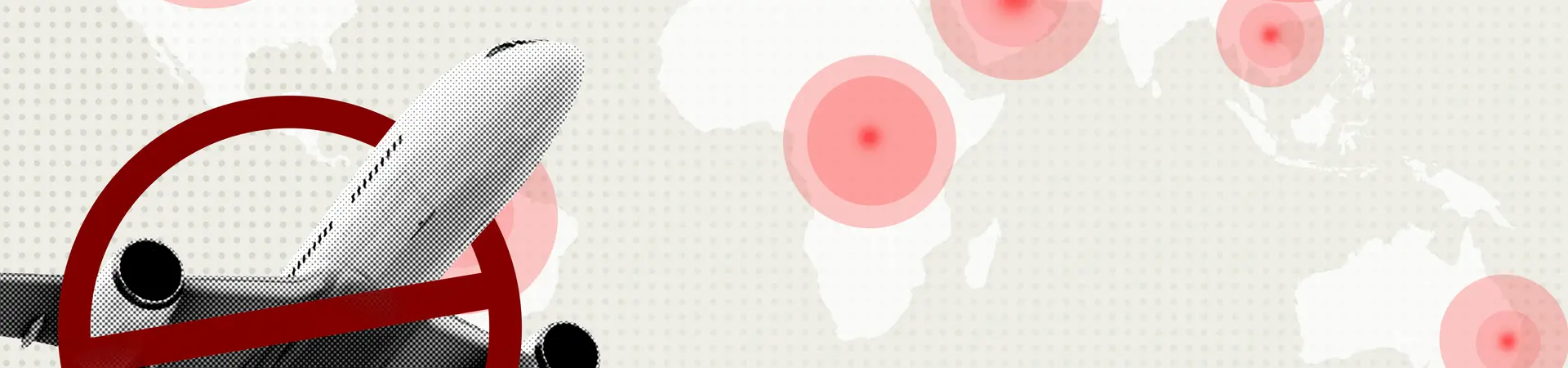 Inreisverbod afgebeeld door vliegtuig met verbodsteken op een wereldkaart. 