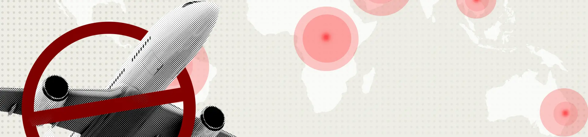 Inreisverbod afgebeeld door vliegtuig met verbodsteken op een wereldkaart. 