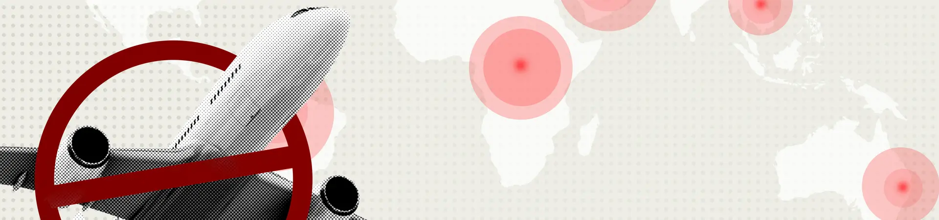 Inreisverbod afgebeeld door vliegtuig met verbodsteken op een wereldkaart. 