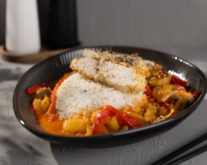 Mango Kokos Curry / mit knusprigem Hähnchen