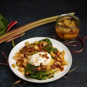 Gegrillter Romanasalat / mit Burrata und gepickeltem Rhabarber