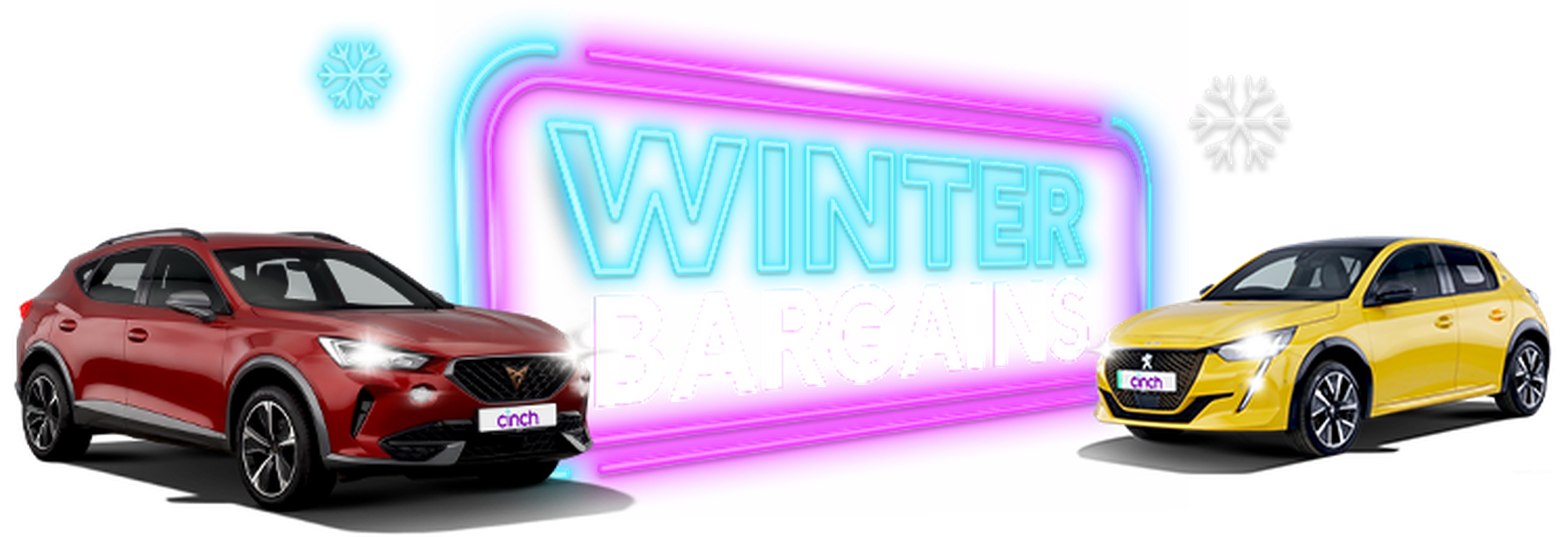 Red and yellow cars flank a neon sign reading "Winter Bargains" with snowflake icons, set against a vibrant purple background.
