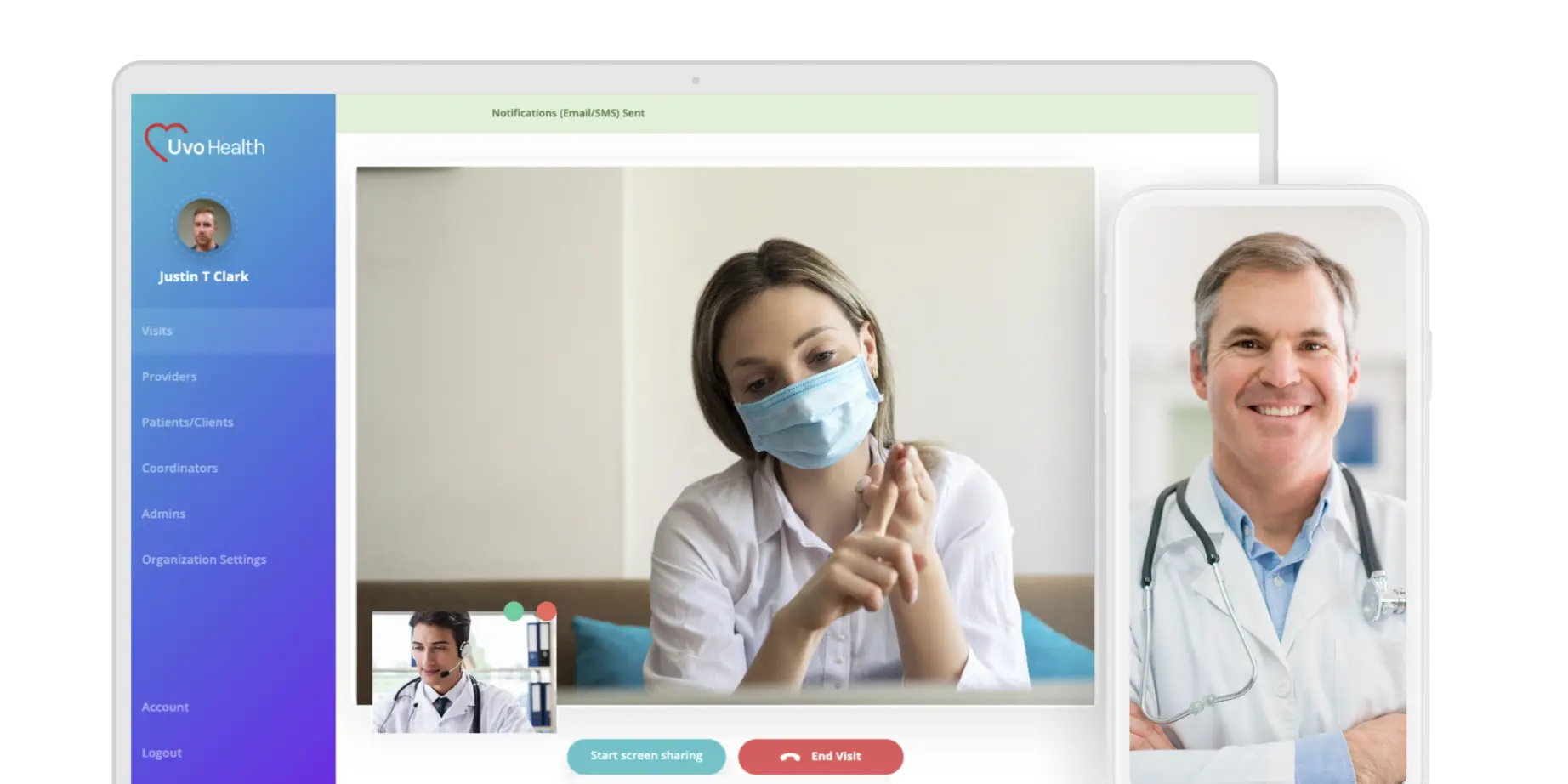UVO Health telehealth software running in a browser on a laptop and phone