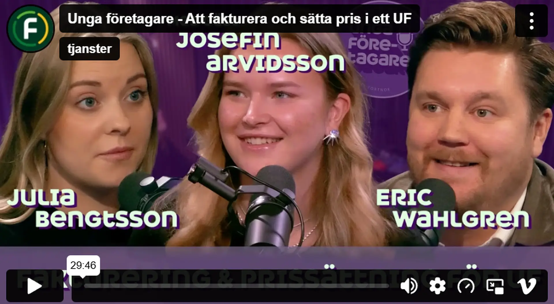Three people speaking into microphones, with names Julia Bengtsson, Josefin Arvidsson, and Eric Wahlgren overlaid on the image.