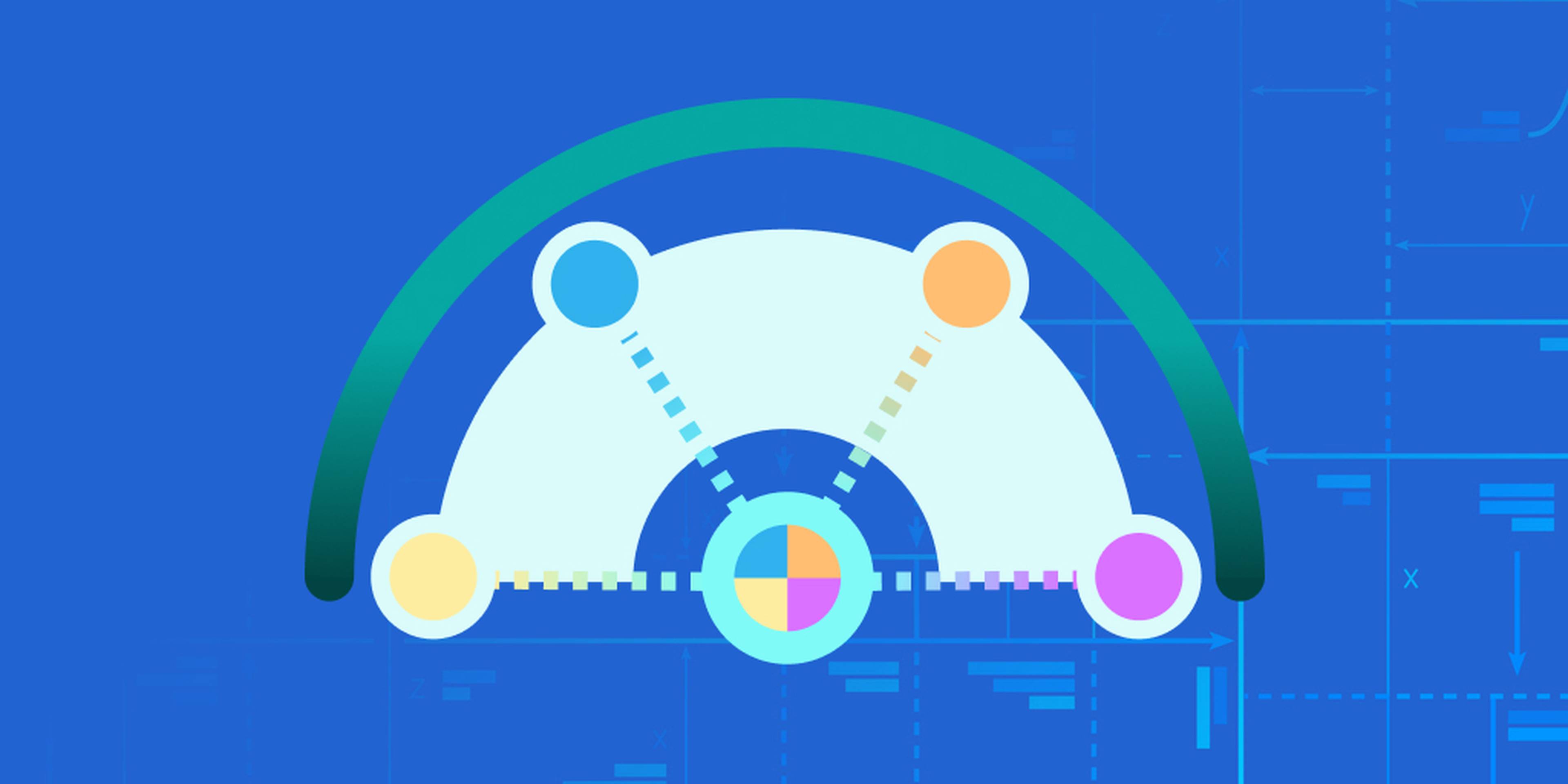 Abstract illustration with a colorful meter featuring four circles connected by lines, set against a blue background with geometric patterns.