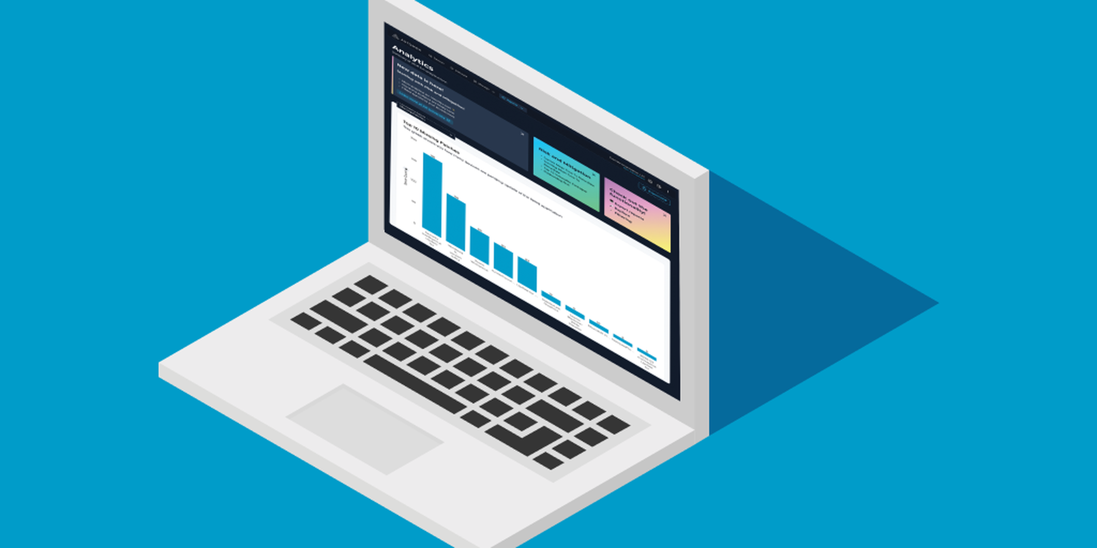 Illustration of a laptop showcasing Automox advanced reporting features, with interactive dashboards and data visualizations highlighting endpoint management insights.