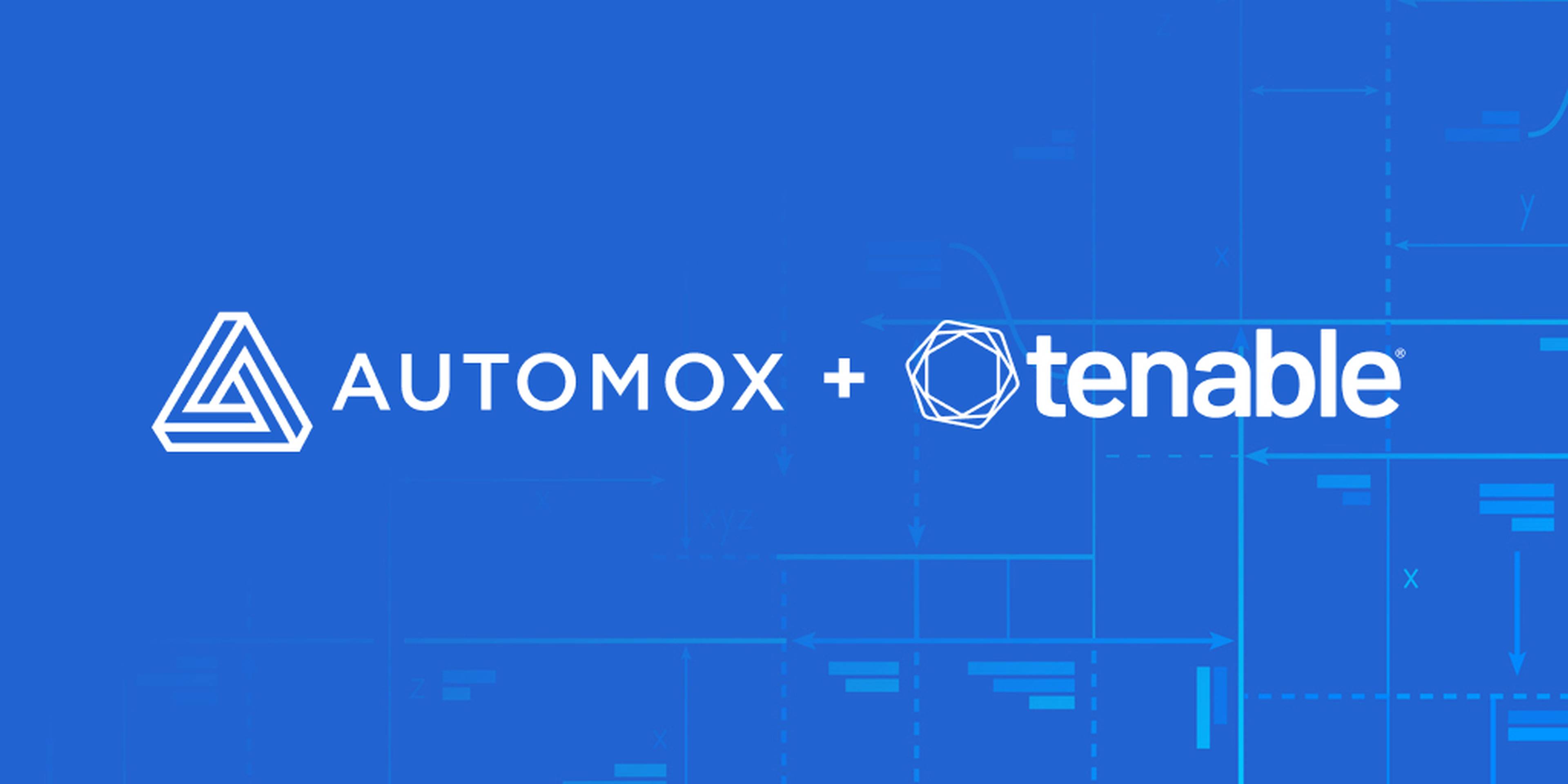 Logos of Automox and Tenable on a blue background, with geometric line patterns and a plus sign between them.